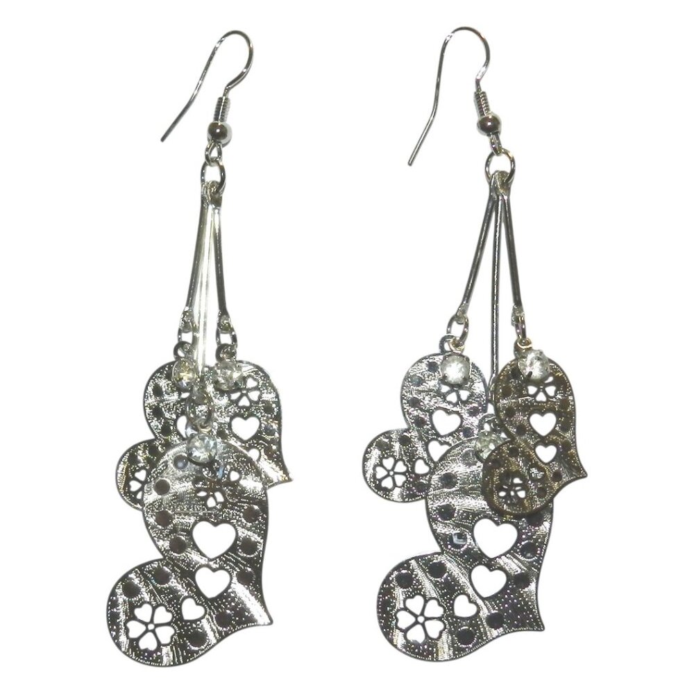 Mixed Media Laser-Cut Metal & Crystal Silver Dangle Fishhook Earrings E391